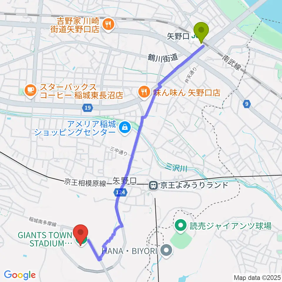 矢野口駅からジャイアンツタウンスタジアムへのルートマップ地図