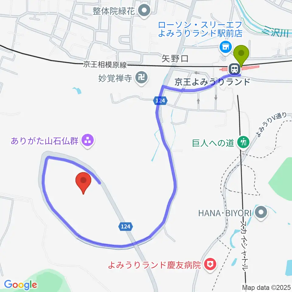 ジャイアンツタウンスタジアムの最寄駅京王よみうりランド駅からの徒歩ルート（約11分）地図