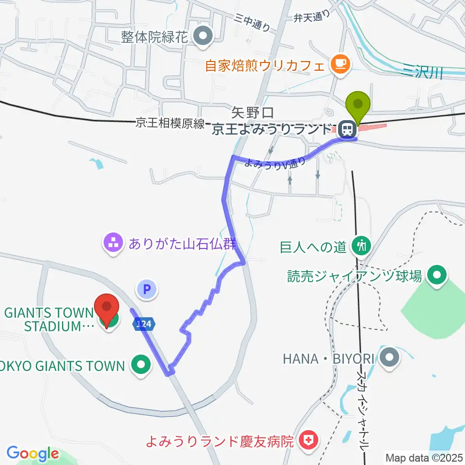 ジャイアンツタウンスタジアムの最寄駅京王よみうりランド駅からの徒歩ルート（約11分）地図
