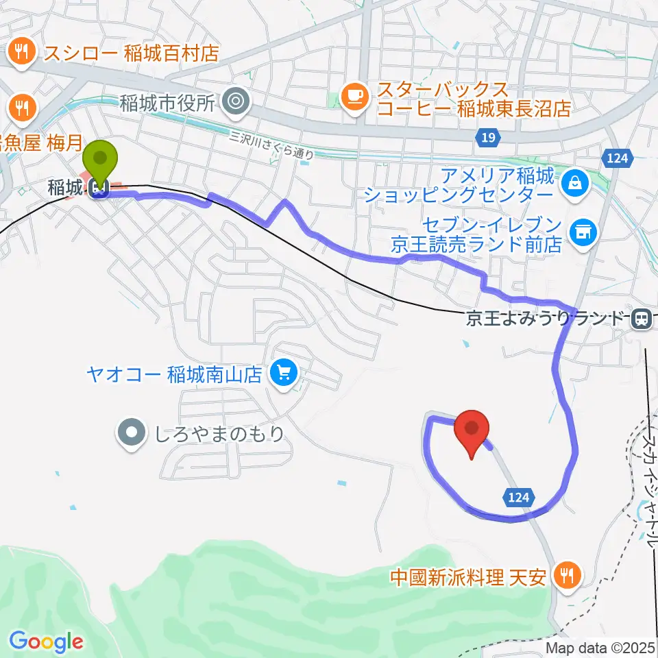 稲城駅からジャイアンツタウンスタジアムへのルートマップ地図