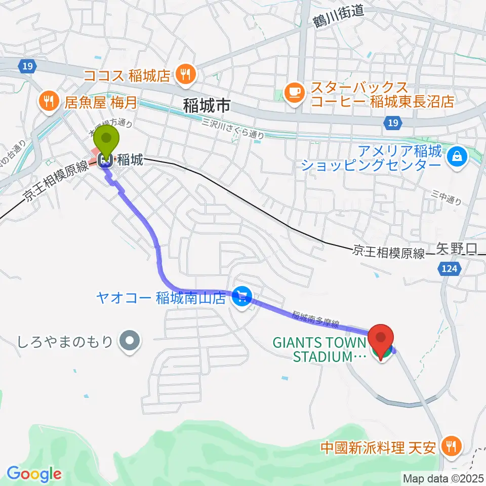 稲城駅からジャイアンツタウンスタジアムへのルートマップ地図