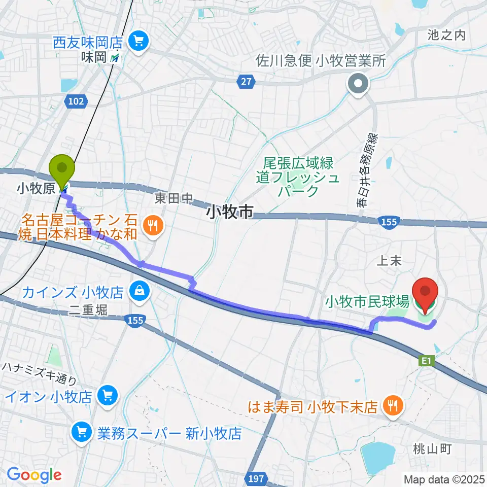 小牧市民球場の最寄駅小牧原駅からの徒歩ルート（約49分）地図