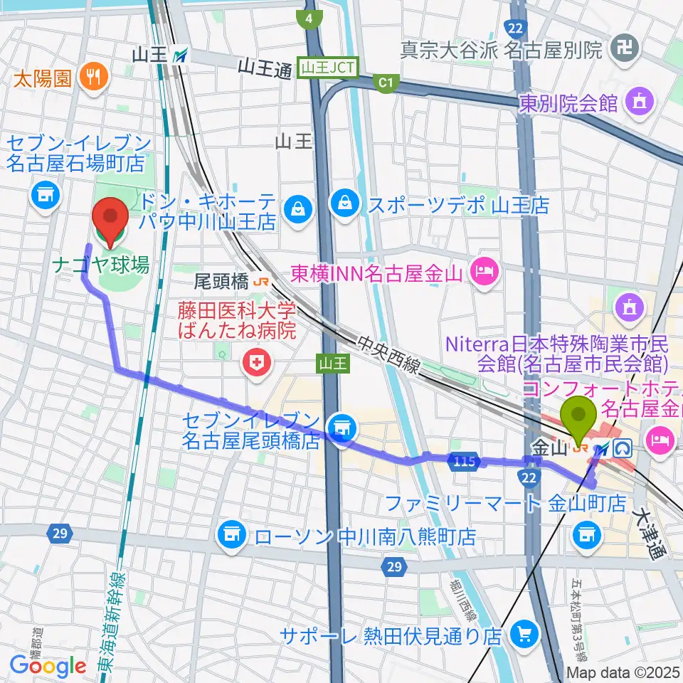 金山駅からナゴヤ球場へのルートマップ地図