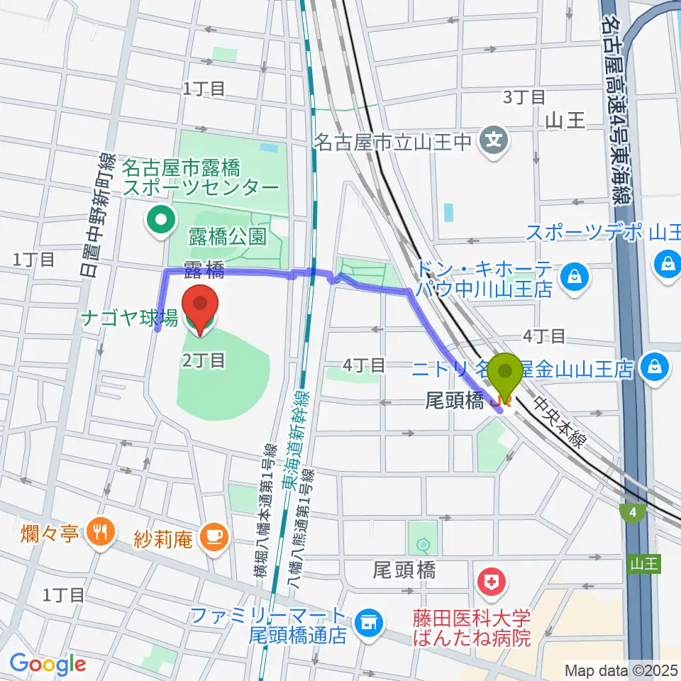 ナゴヤ球場の最寄駅尾頭橋駅からの徒歩ルート（約7分）地図