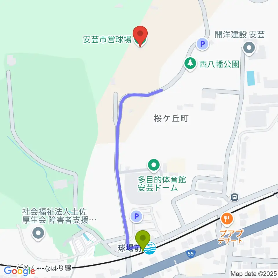 安芸市営球場（安芸タイガース球場）の最寄駅球場前駅からの徒歩ルート（約6分）地図