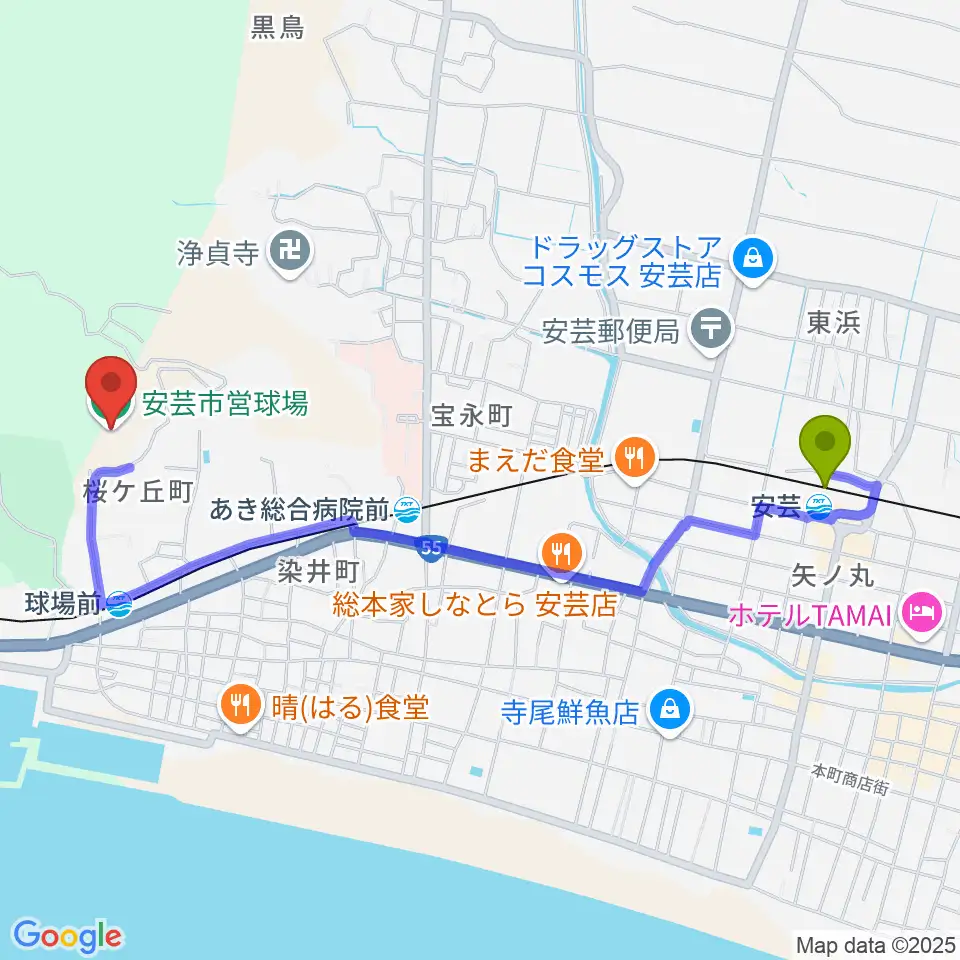 安芸駅から安芸市営球場（安芸タイガース球場）へのルートマップ地図