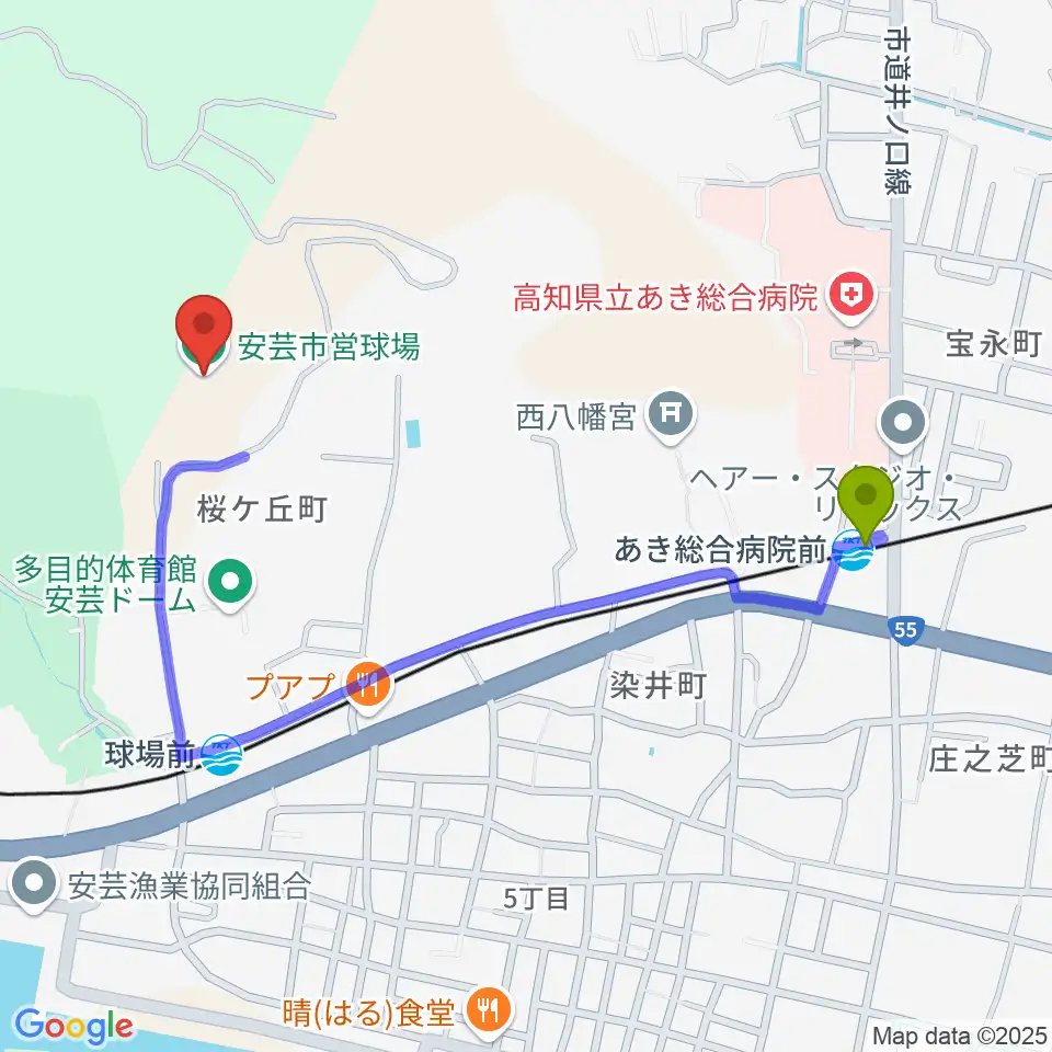 あき総合病院前駅から安芸市営球場（安芸タイガース球場）へのルートマップ地図