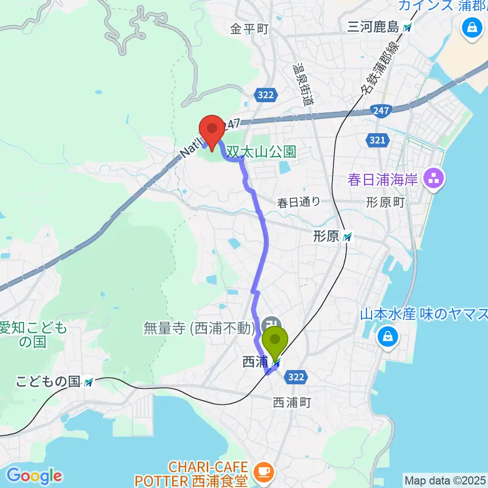 西浦駅から蒲郡市公園グラウンド野球場へのルートマップ地図