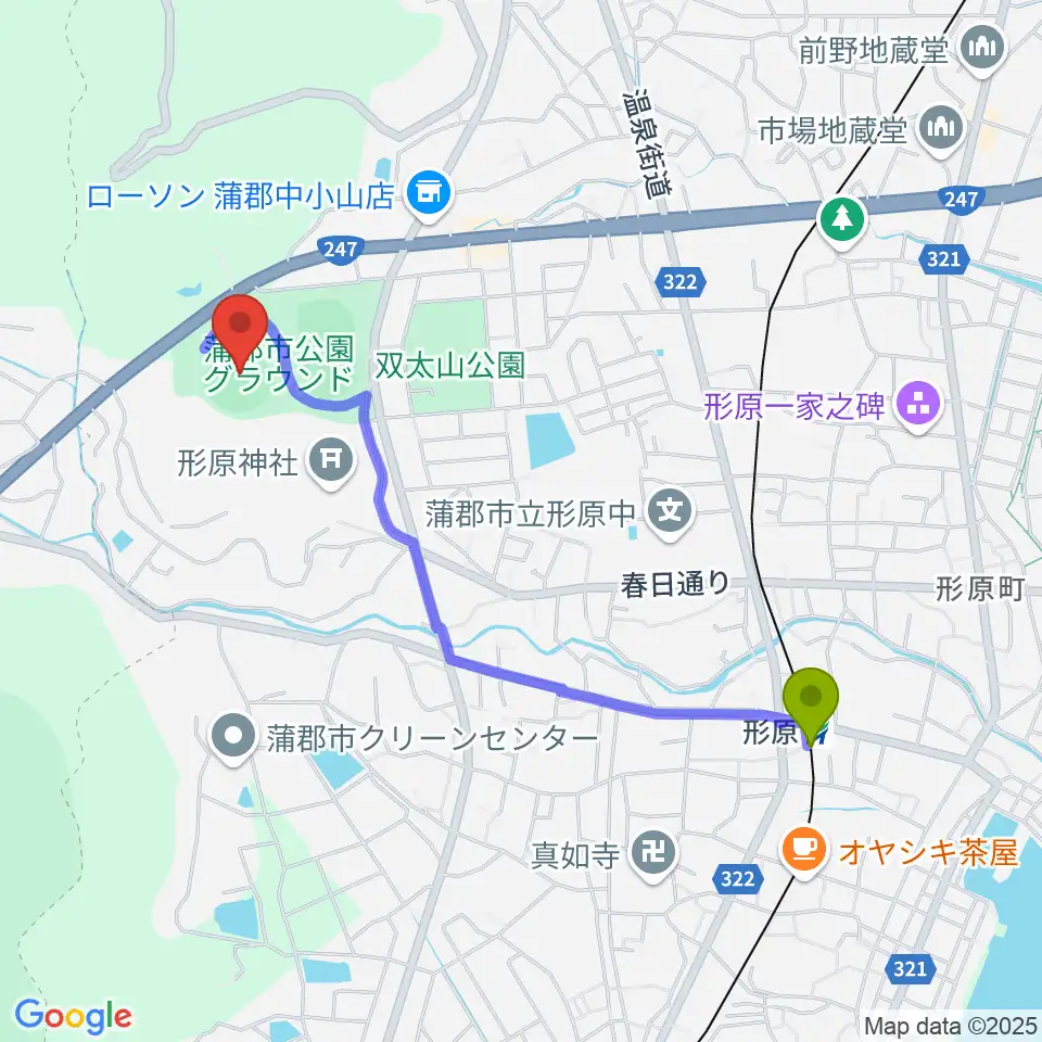 蒲郡市公園グラウンド野球場の最寄駅形原駅からの徒歩ルート（約21分）地図