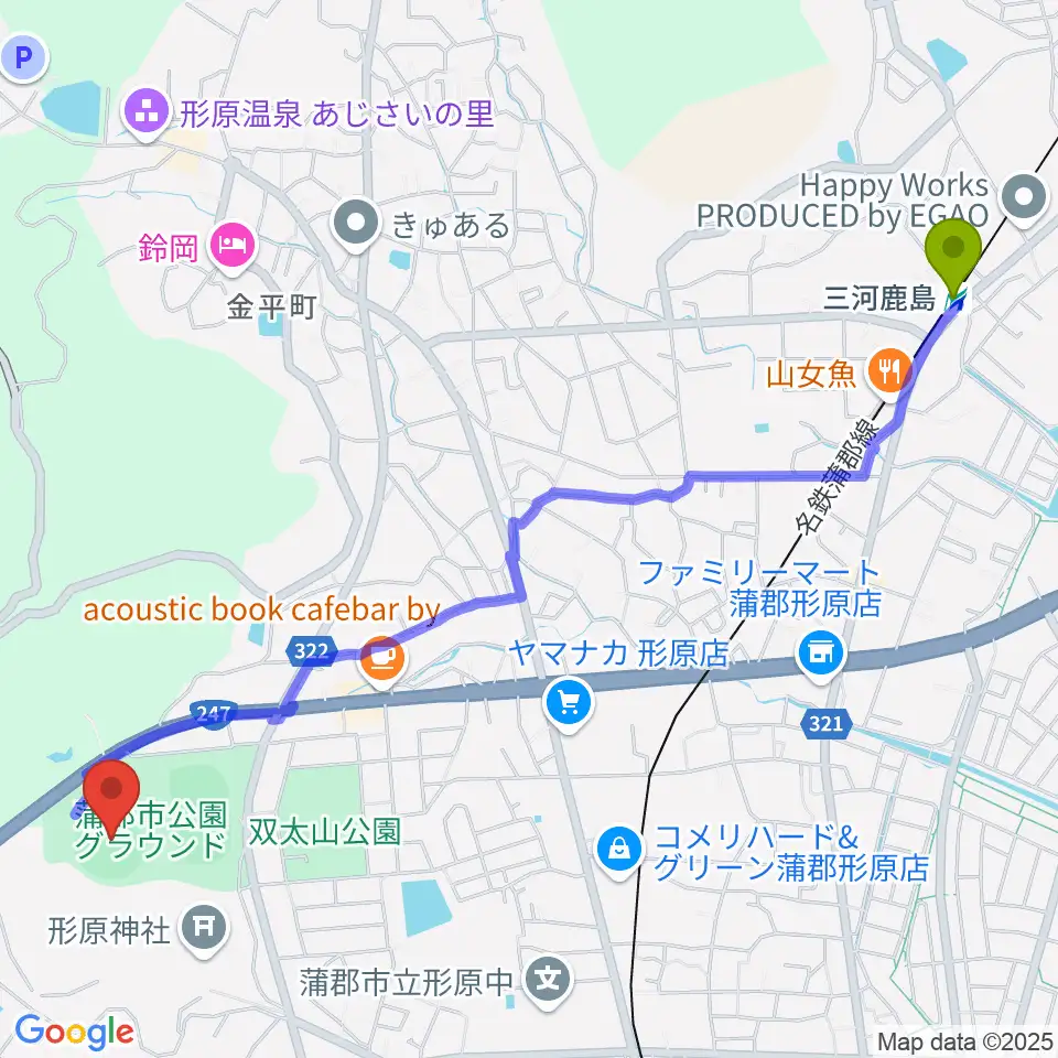 三河鹿島駅から蒲郡市公園グラウンド野球場へのルートマップ地図