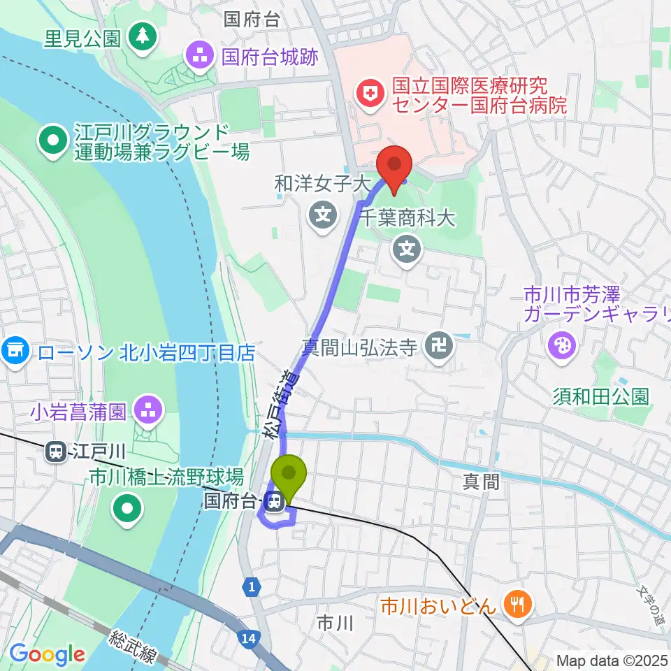 国府台スタジアムの最寄駅国府台駅からの徒歩ルート（約15分）地図