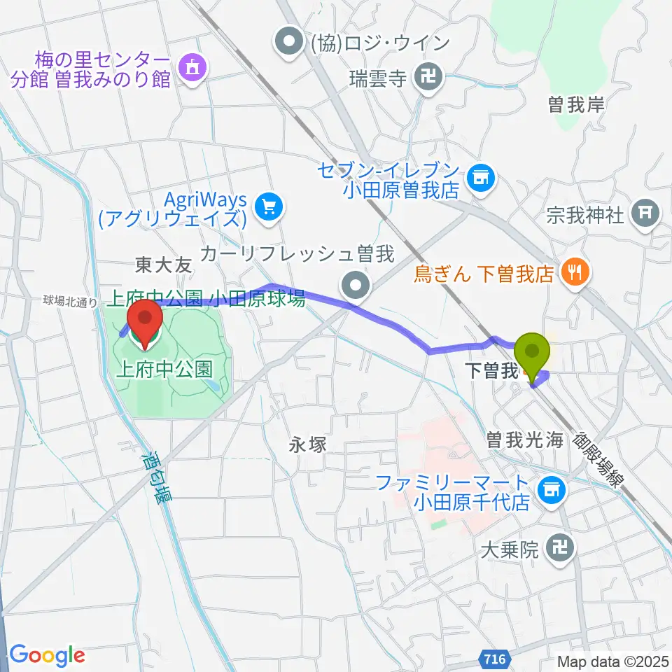 小田原球場の最寄駅下曽我駅からの徒歩ルート（約18分）地図