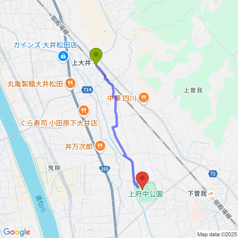 上大井駅から小田原球場へのルートマップ地図