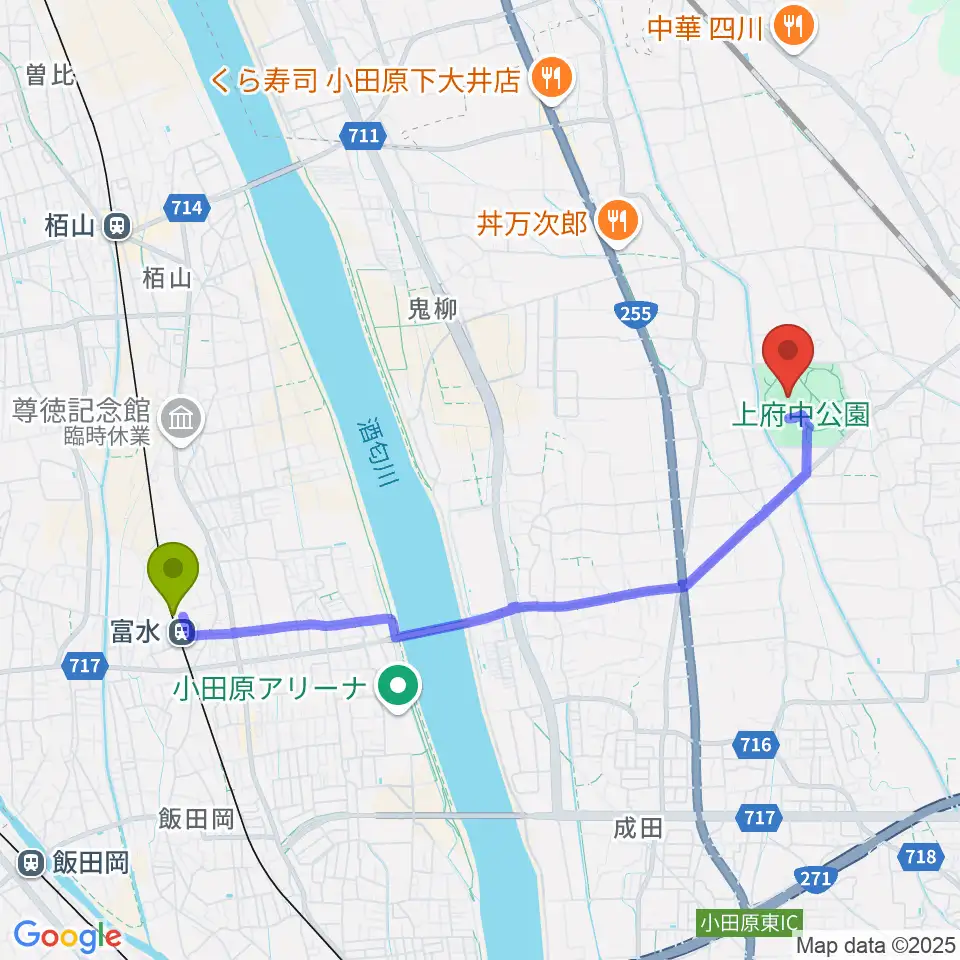 富水駅から小田原球場へのルートマップ地図