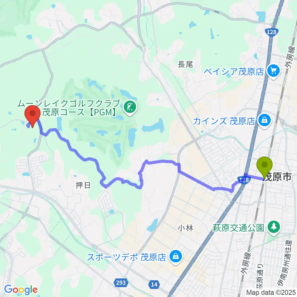 長生の森公園野球場の最寄駅新茂原駅からの徒歩ルート（約50分）地図