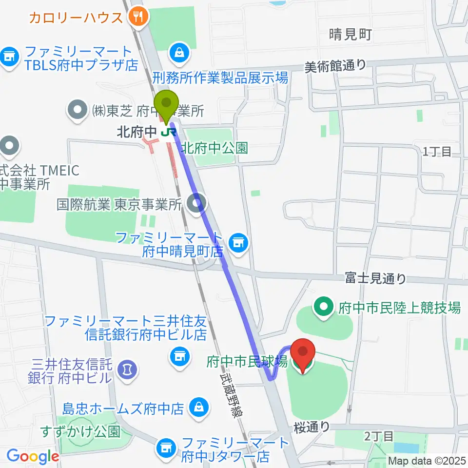 府中市民球場の最寄駅北府中駅からの徒歩ルート（約9分）地図