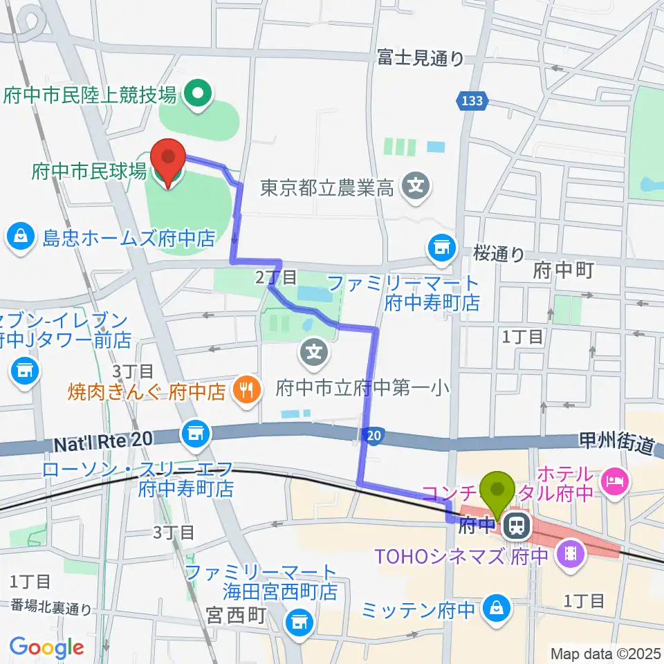 府中駅から府中市民球場へのルートマップ地図