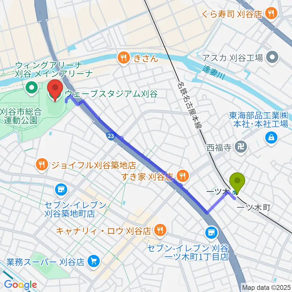 一ツ木駅からウェーブスタジアム刈谷へのルートマップ地図