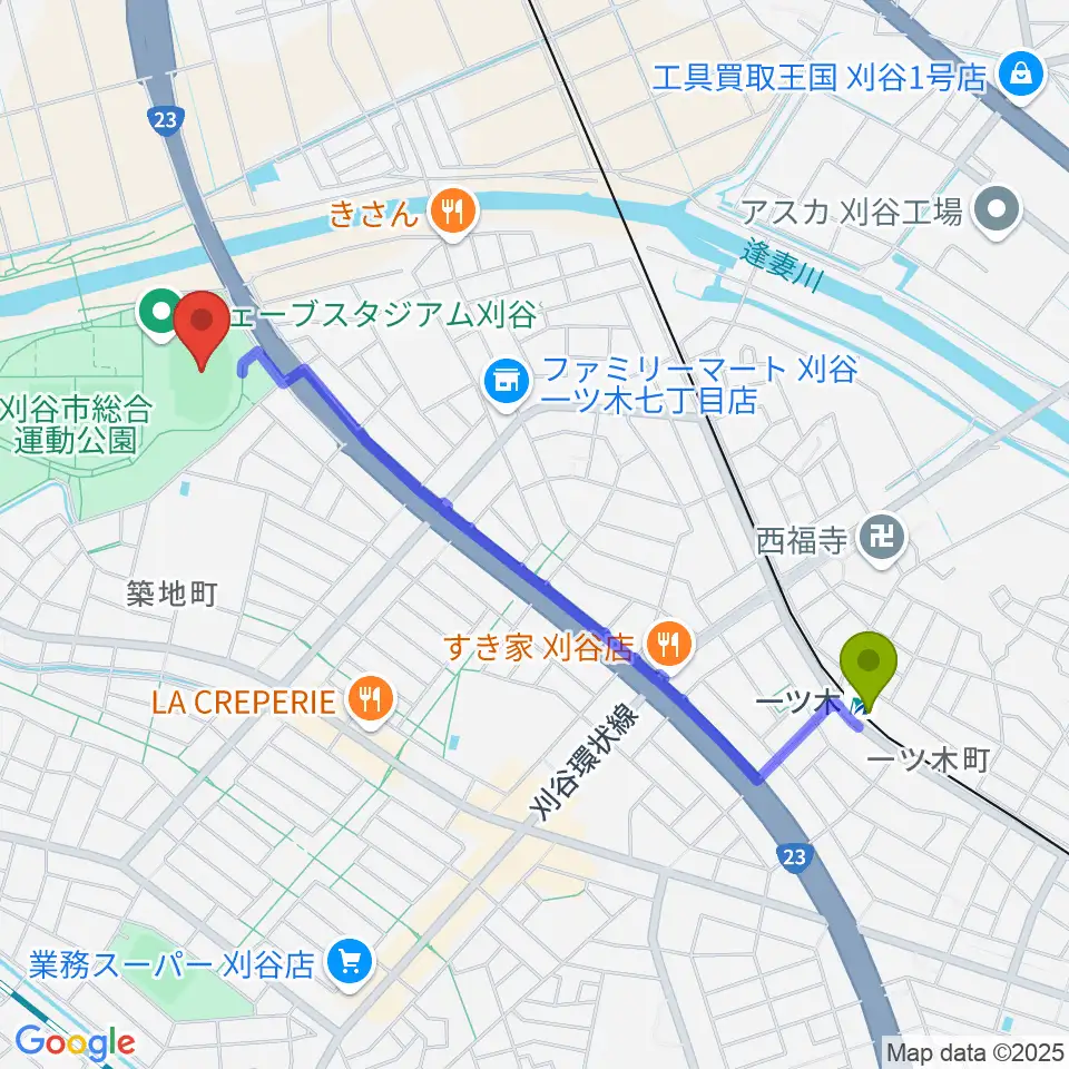 一ツ木駅からウェーブスタジアム刈谷へのルートマップ地図