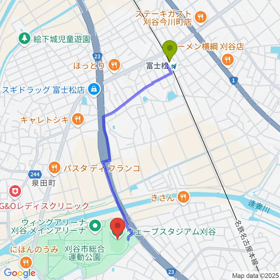 ウェーブスタジアム刈谷の最寄駅富士松駅からの徒歩ルート（約21分）地図