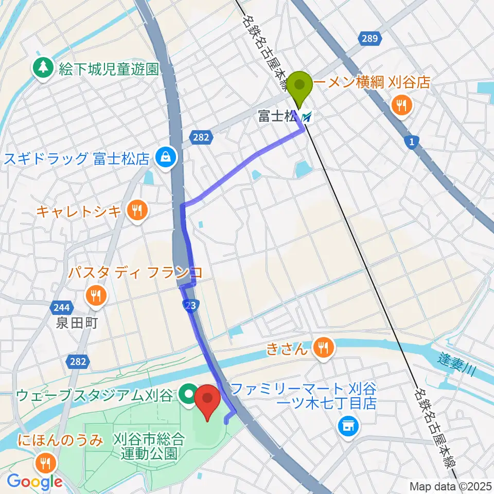 ウェーブスタジアム刈谷の最寄駅富士松駅からの徒歩ルート（約21分）地図