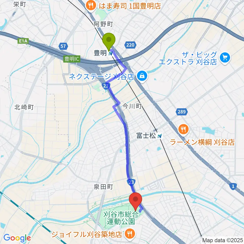 豊明駅からウェーブスタジアム刈谷へのルートマップ地図