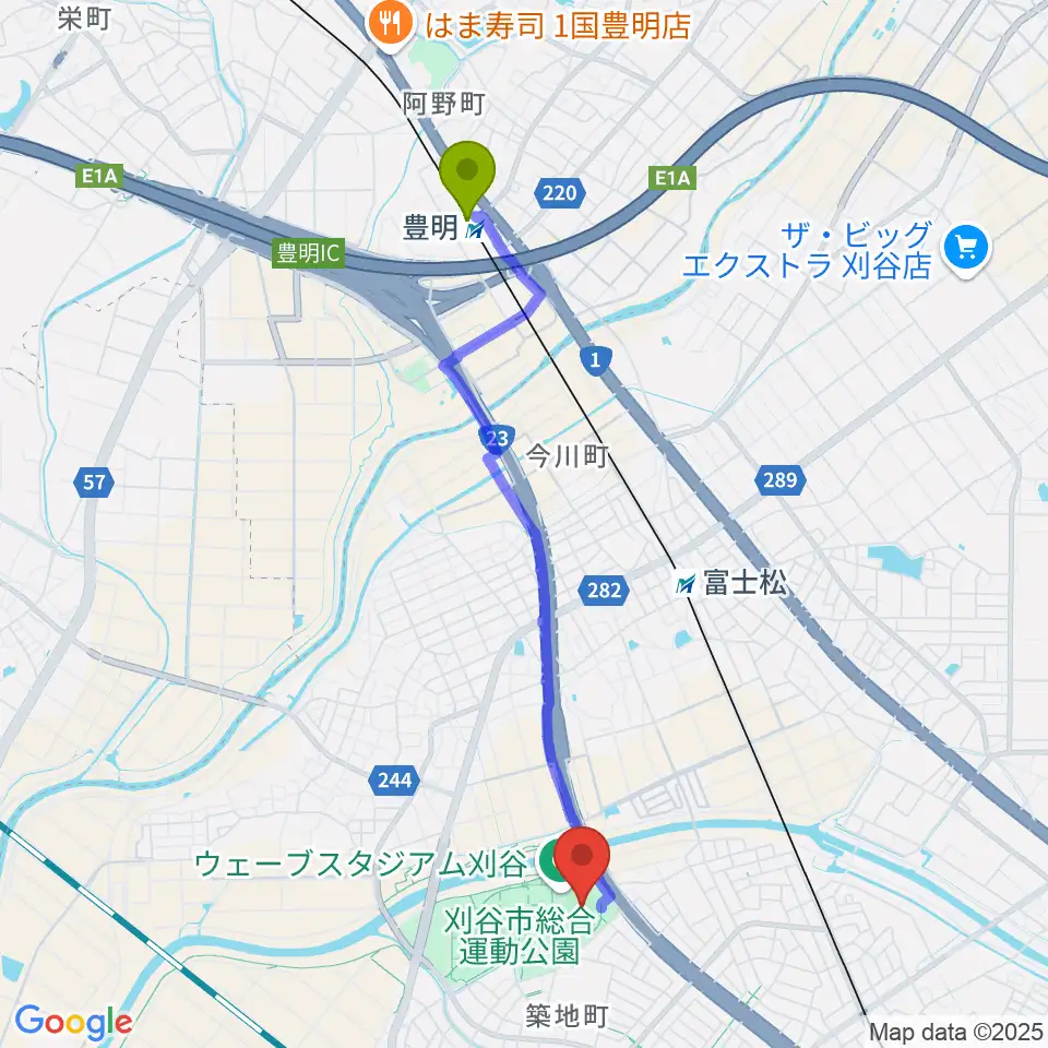 豊明駅からウェーブスタジアム刈谷へのルートマップ地図
