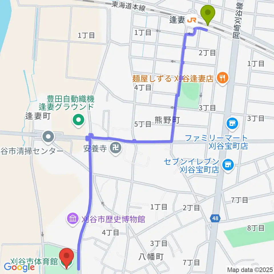 刈谷市体育館の最寄駅逢妻駅からの徒歩ルート（約16分）地図