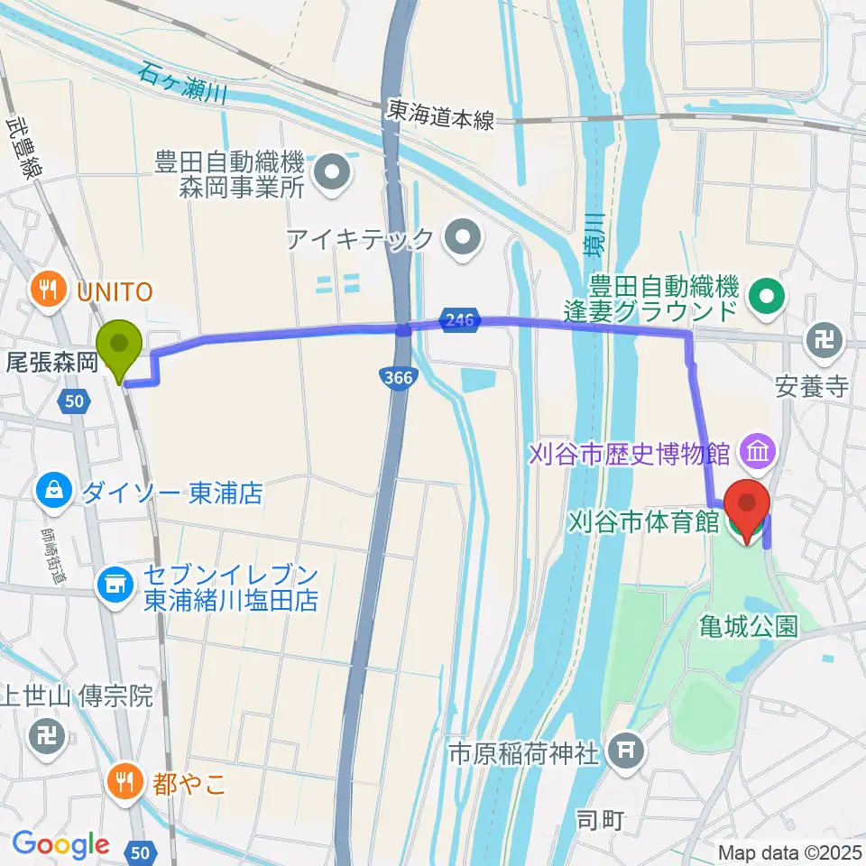 尾張森岡駅から刈谷市体育館へのルートマップ地図