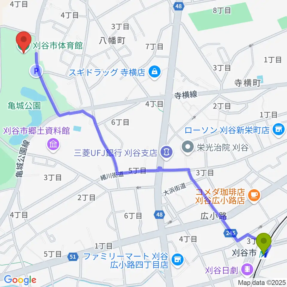 刈谷市駅から刈谷市体育館へのルートマップ地図