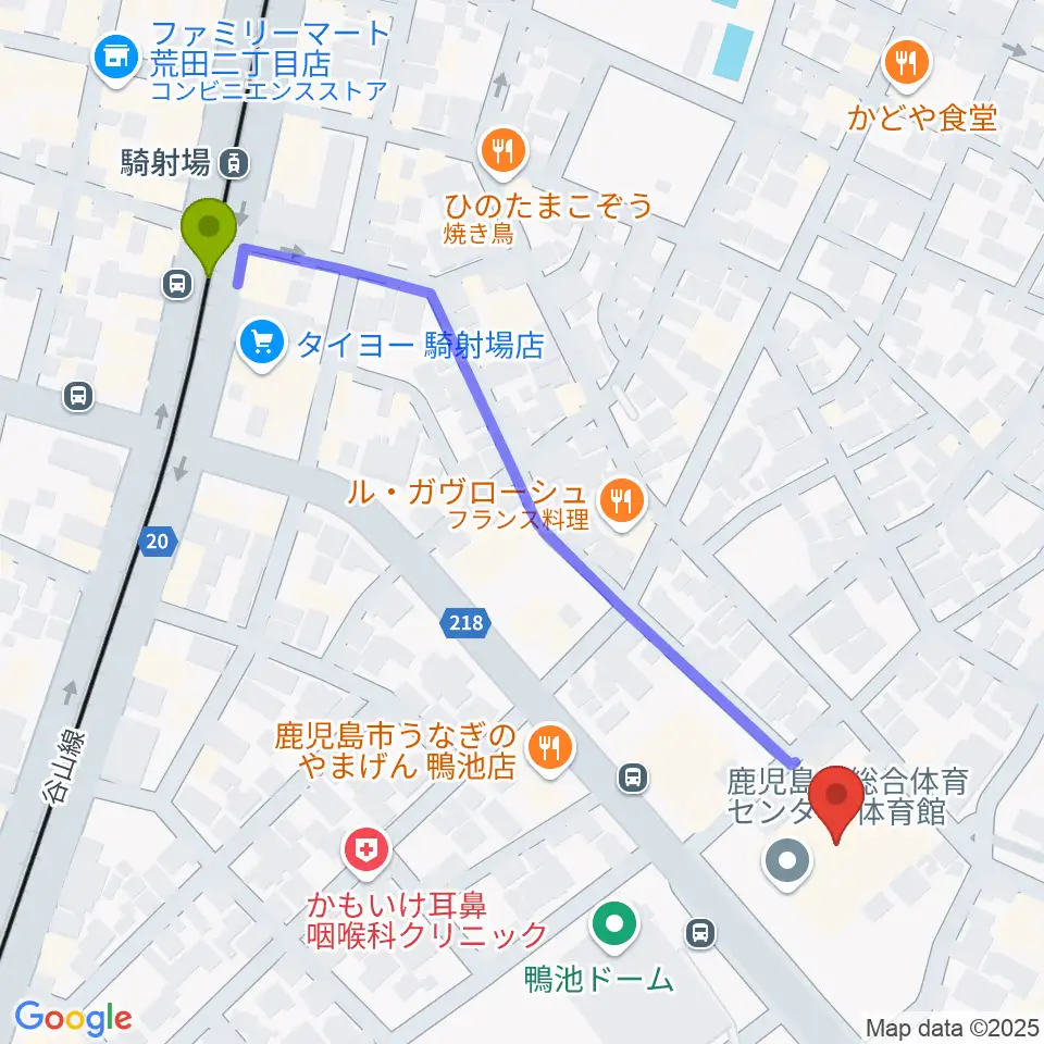 鹿児島県総合体育センター体育館の最寄駅騎射場駅からの徒歩ルート（約7分）地図