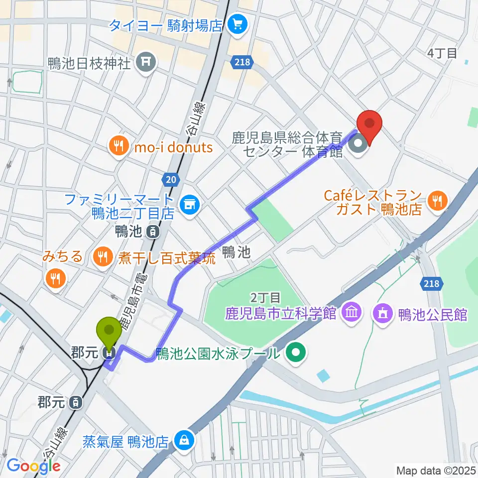 郡元駅から鹿児島県総合体育センター体育館へのルートマップ地図