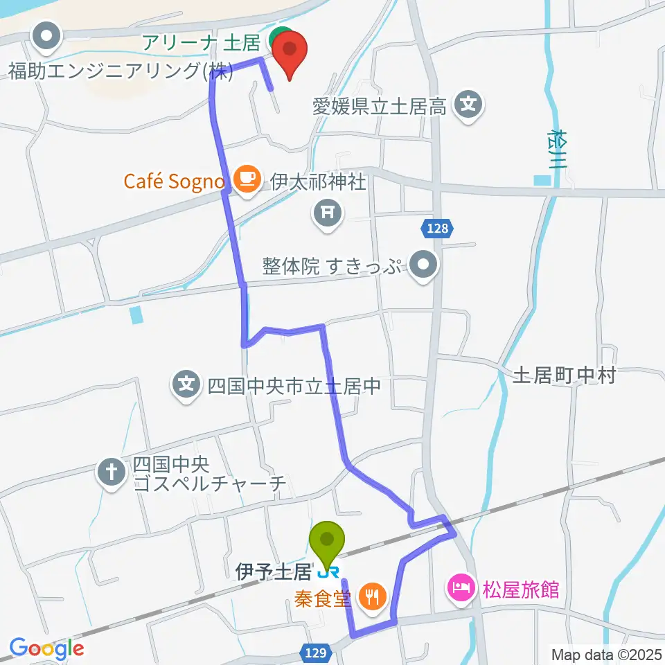 アリーナ土居の最寄駅伊予土居駅からの徒歩ルート（約12分）地図