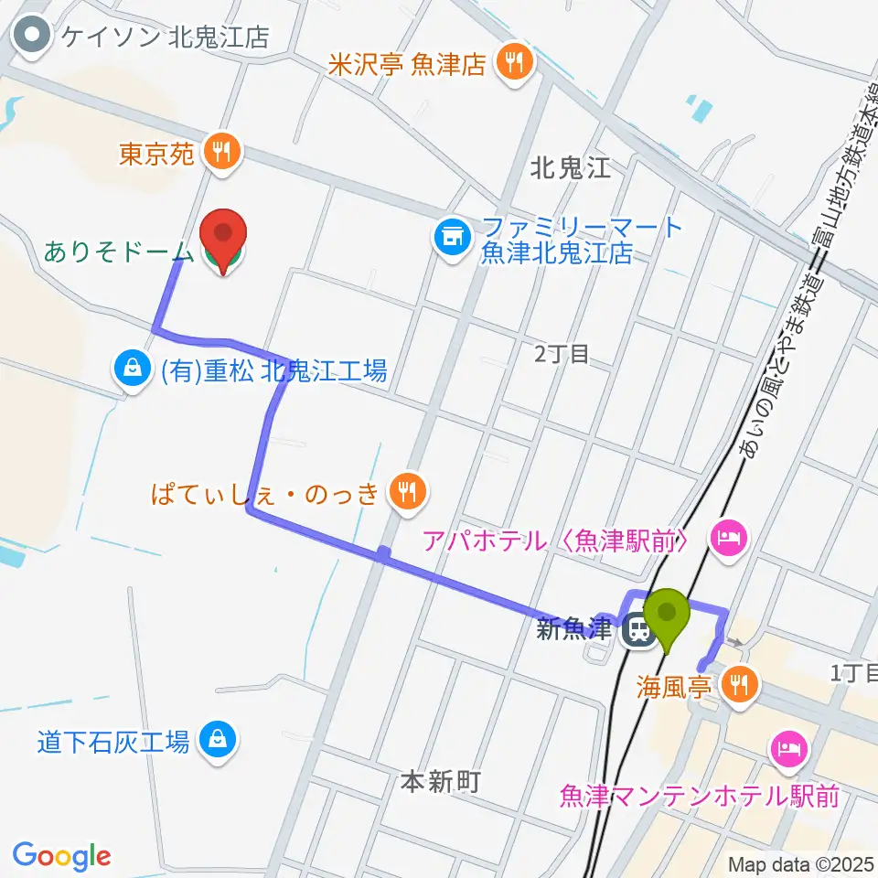 ありそドームの最寄駅魚津駅からの徒歩ルート（約10分）地図