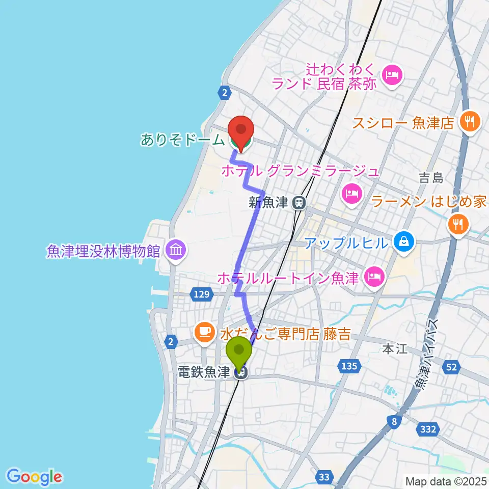 電鉄魚津駅からありそドームへのルートマップ地図