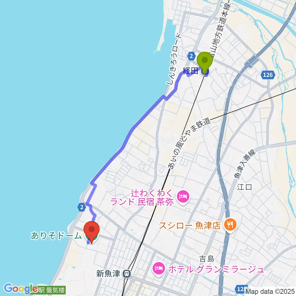 経田駅からありそドームへのルートマップ地図