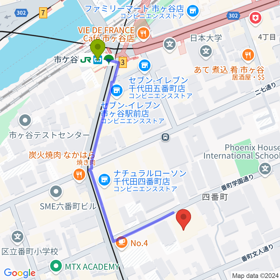 サウンドインスタジオの最寄駅市ケ谷駅からの徒歩ルート（約5分）地図