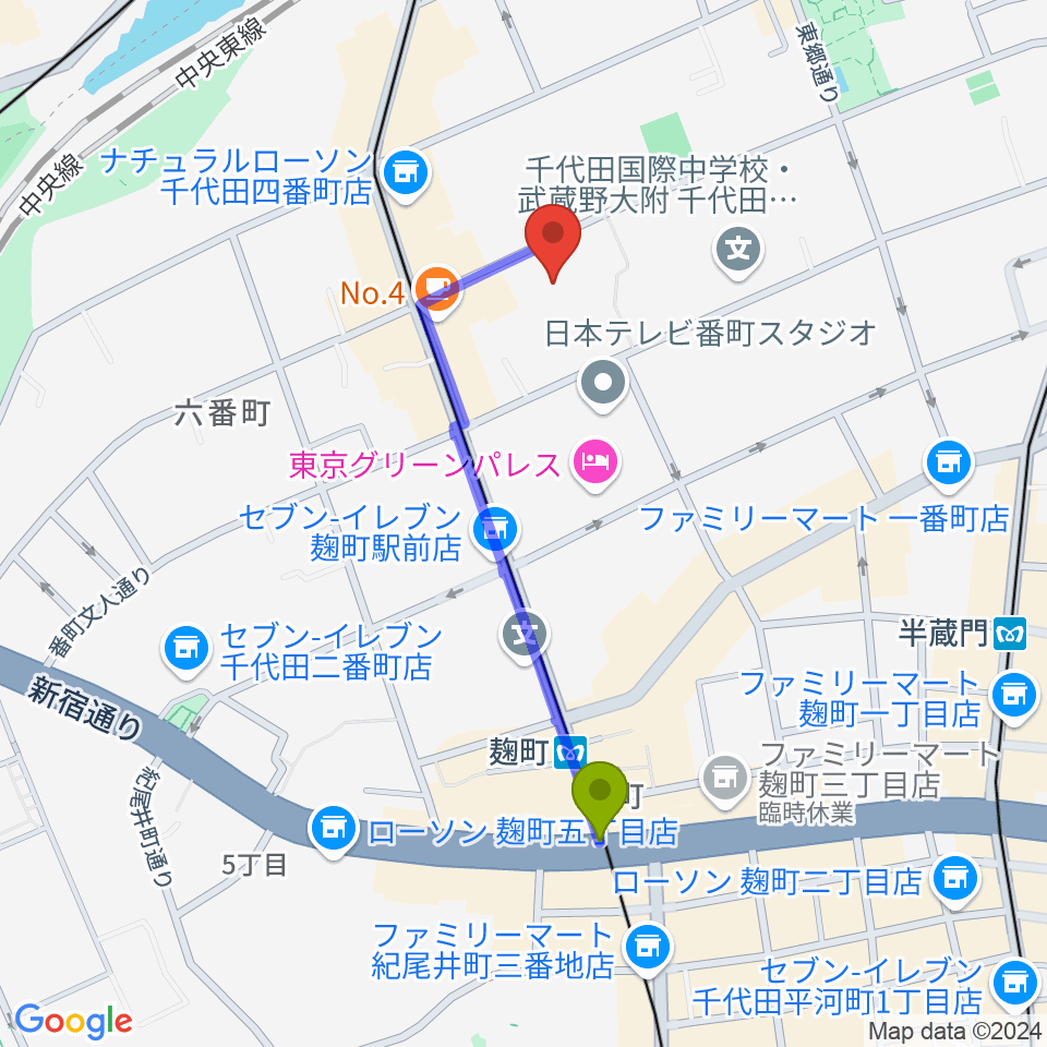 麹町駅からサウンドインスタジオへのルートマップ地図