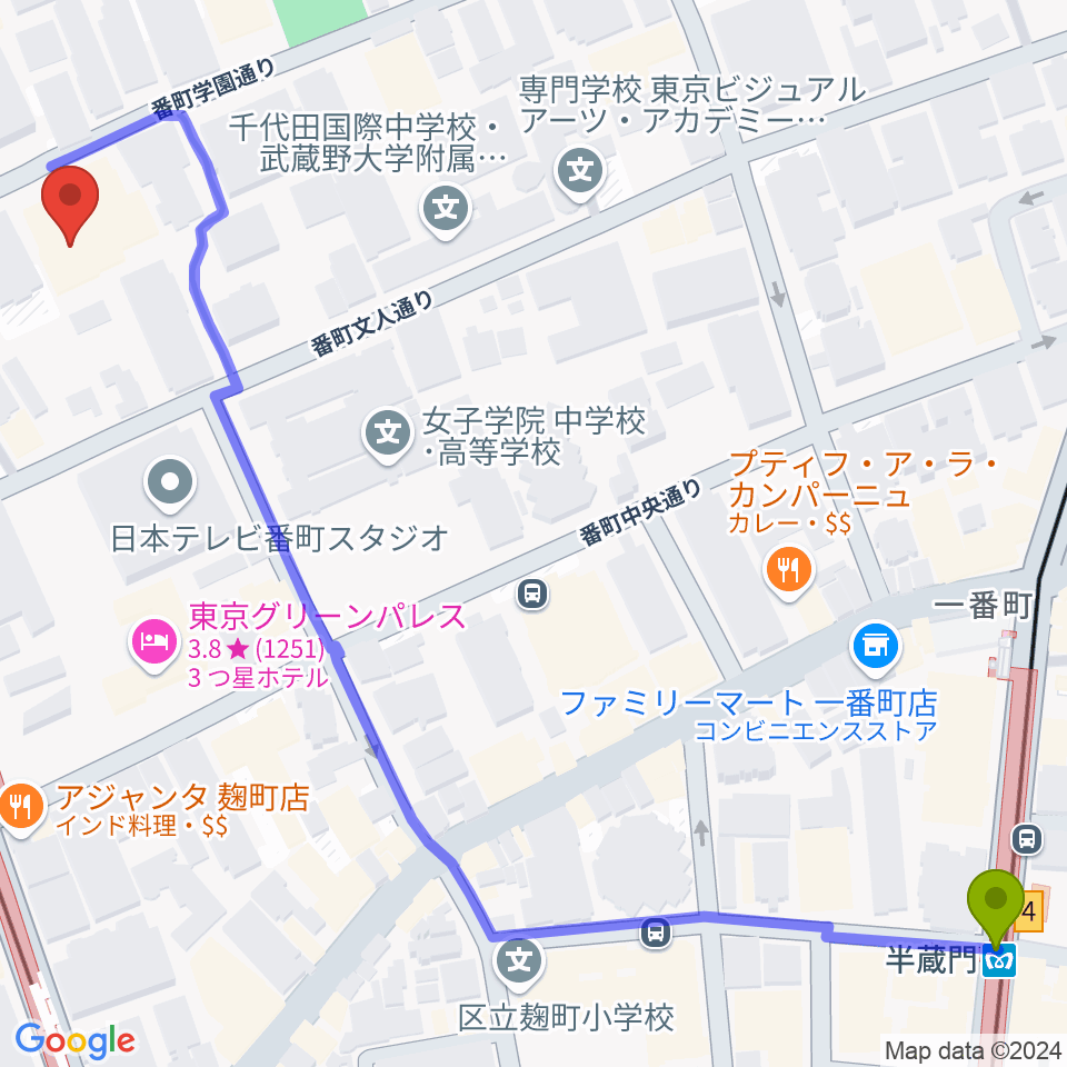 半蔵門駅からサウンドインスタジオへのルートマップ地図