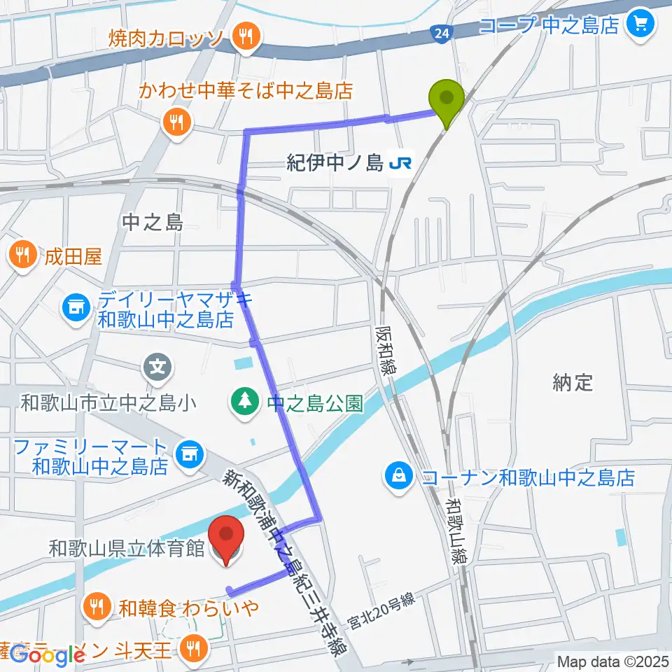 和歌山県立体育館の最寄駅紀伊中ノ島駅からの徒歩ルート（約11分）地図