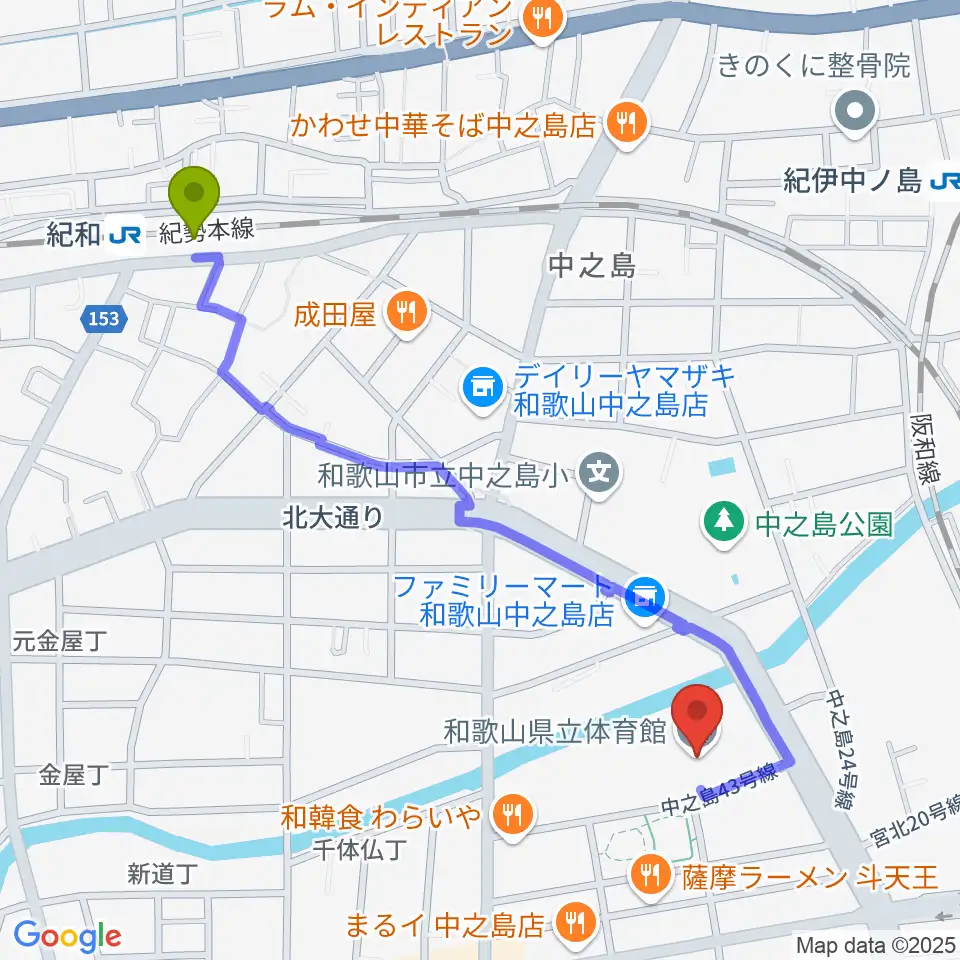 紀和駅から和歌山県立体育館へのルートマップ地図