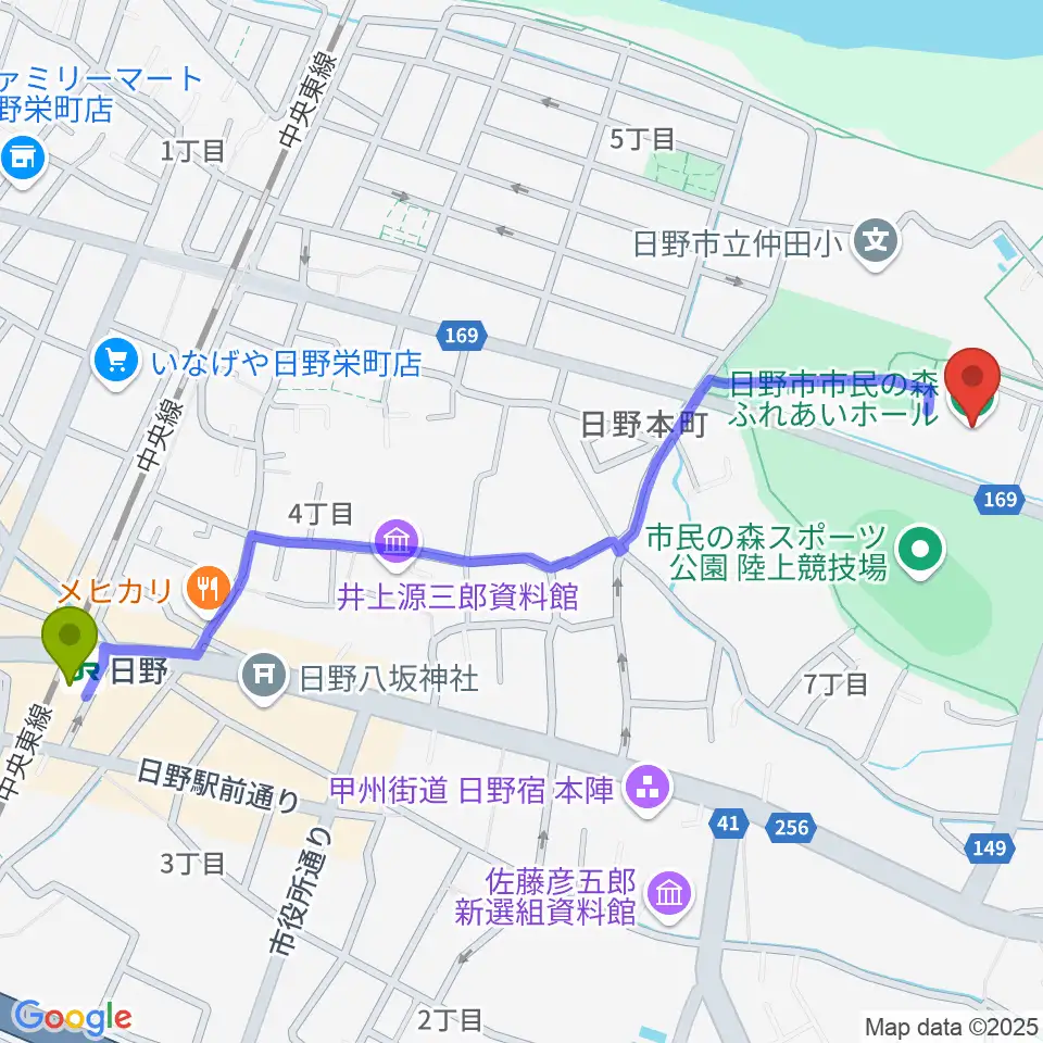 日野駅から日野市市民の森ふれあいホールへのルートマップ地図