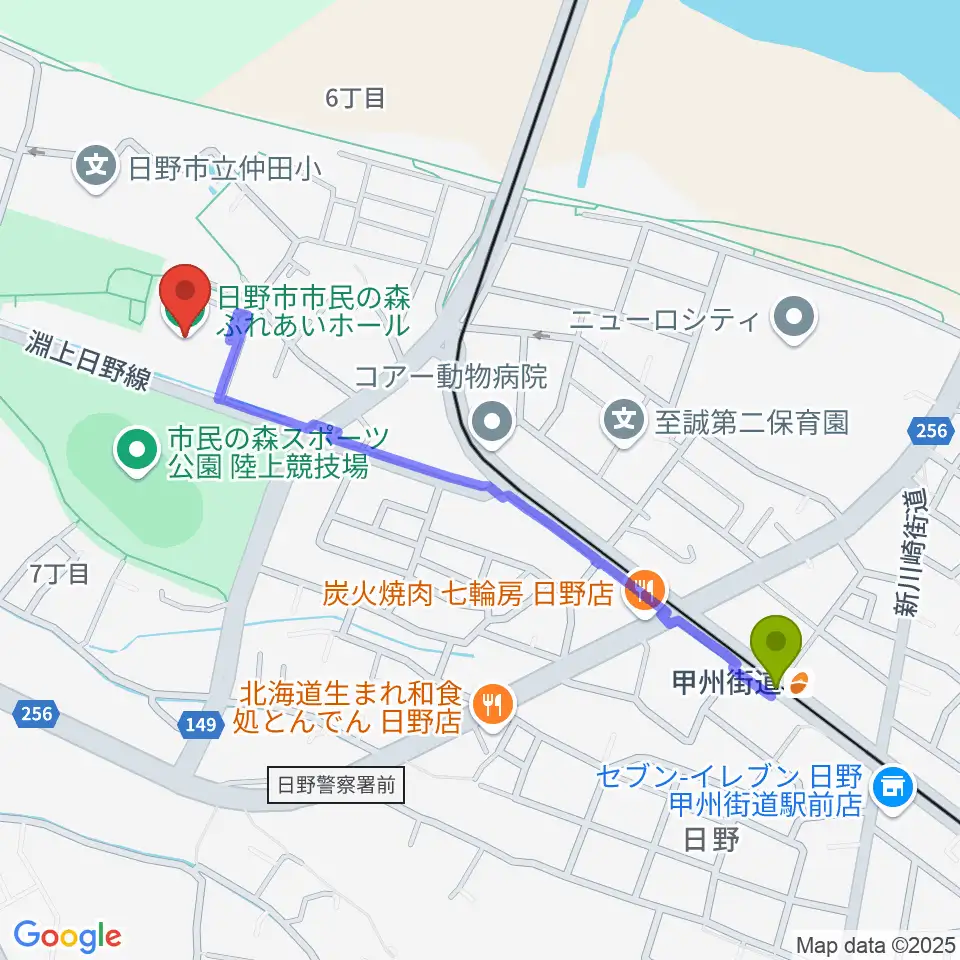 日野市市民の森ふれあいホールの最寄駅甲州街道駅からの徒歩ルート（約11分）地図