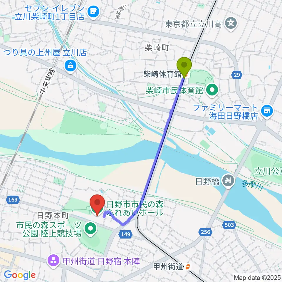 柴崎体育館駅から日野市市民の森ふれあいホールへのルートマップ地図