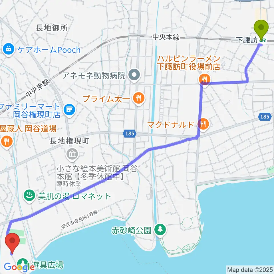 下諏訪駅からスワンドーム 岡谷市民総合体育館 西体育館へのルートマップ地図