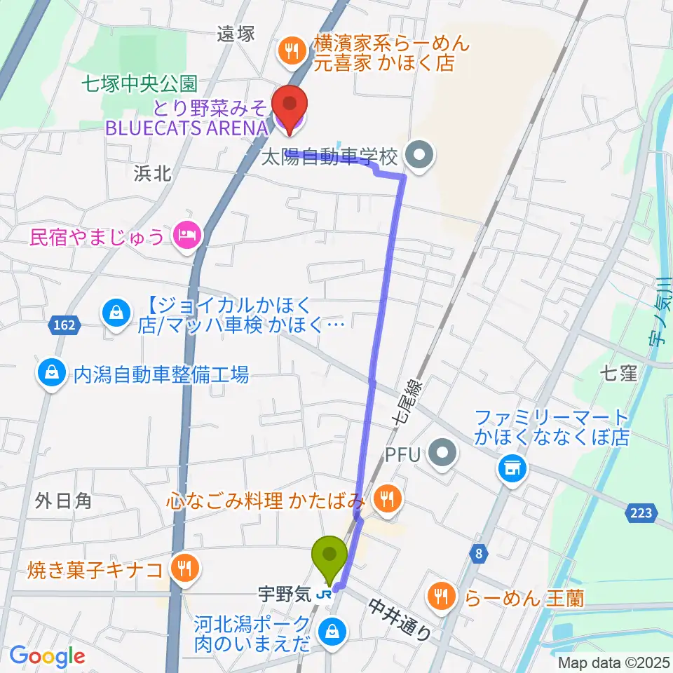 とり野菜みそ BLUECATS ARENAの最寄駅宇野気駅からの徒歩ルート（約21分）地図