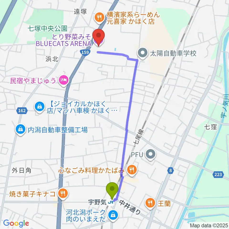 とり野菜みそ BLUECATS ARENAの最寄駅宇野気駅からの徒歩ルート（約21分）地図