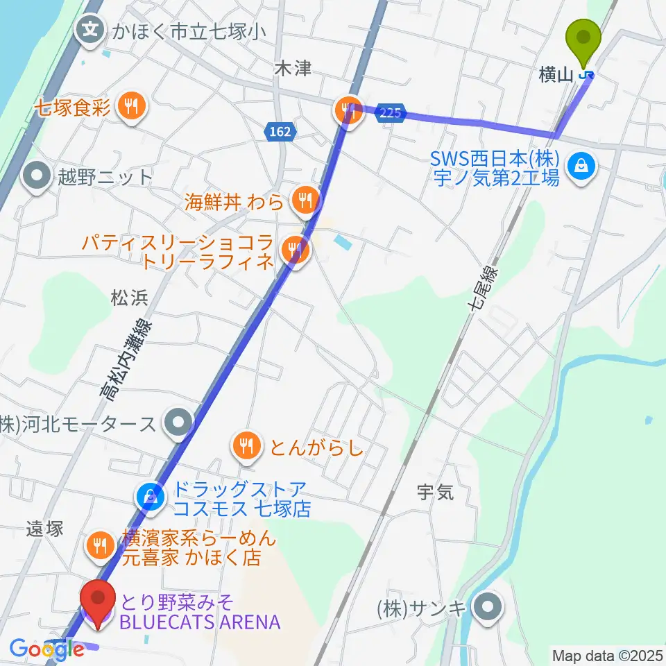 横山駅からとり野菜みそ BLUECATS ARENAへのルートマップ地図