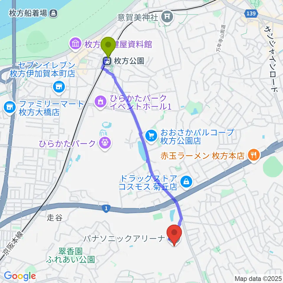 パナソニックアリーナの最寄駅枚方公園駅からの徒歩ルート（約22分）地図