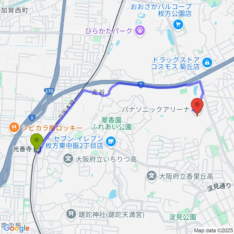 光善寺駅からパナソニックアリーナへのルートマップ地図